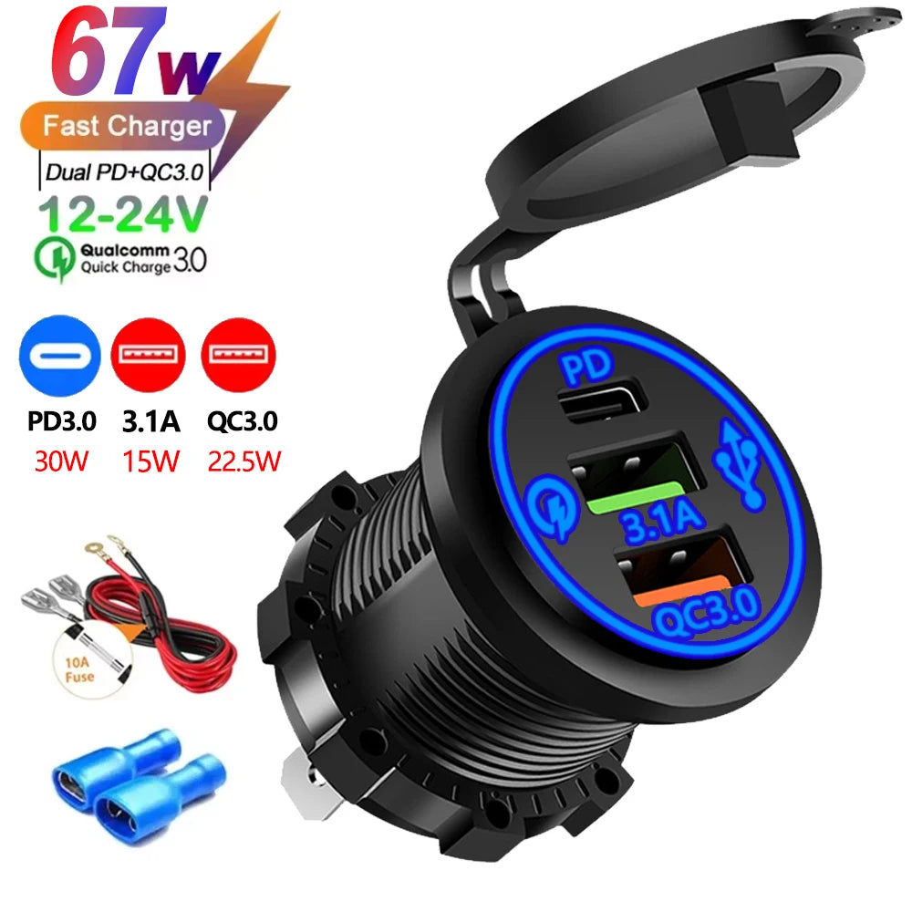 A black multi-port PD/QC car charger adapter with multiple output ports and a fast charger indicator.