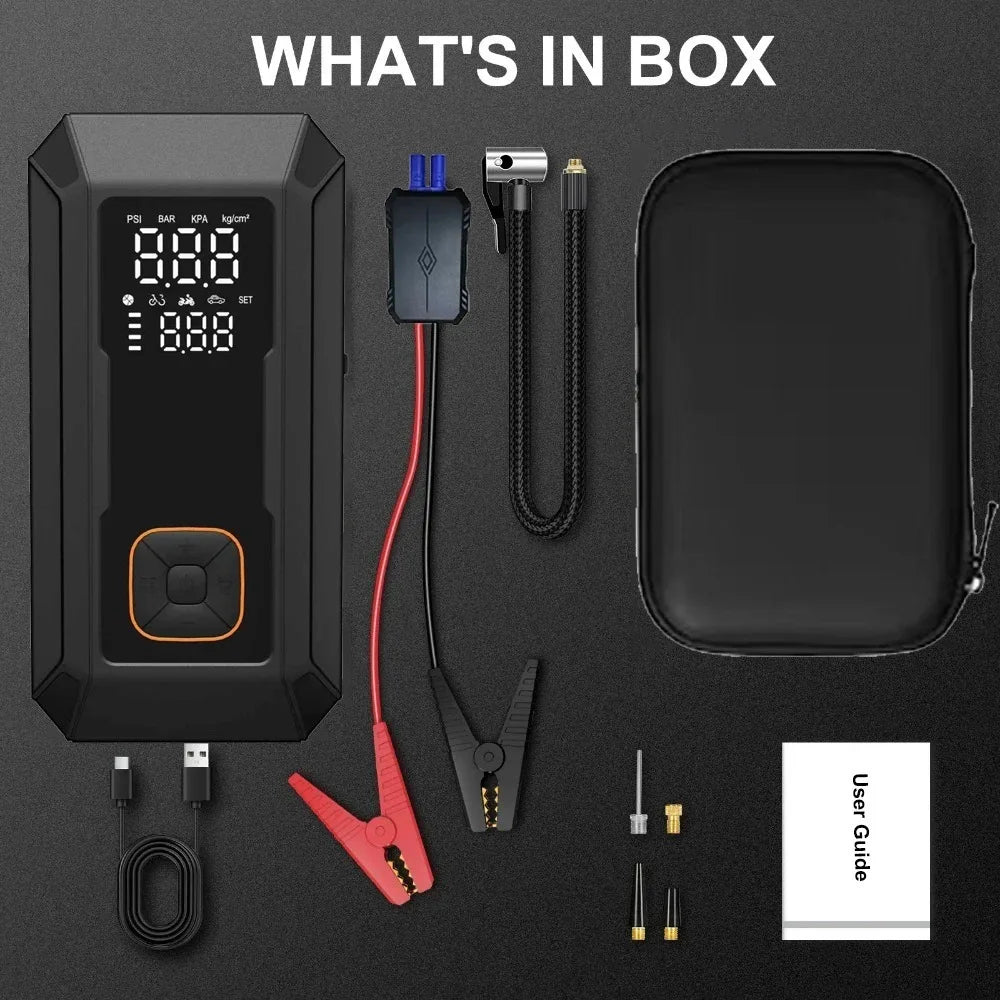 A box showing a multi-function jump starter and air compressor kit with various cables, tools, and a black storage pouch.