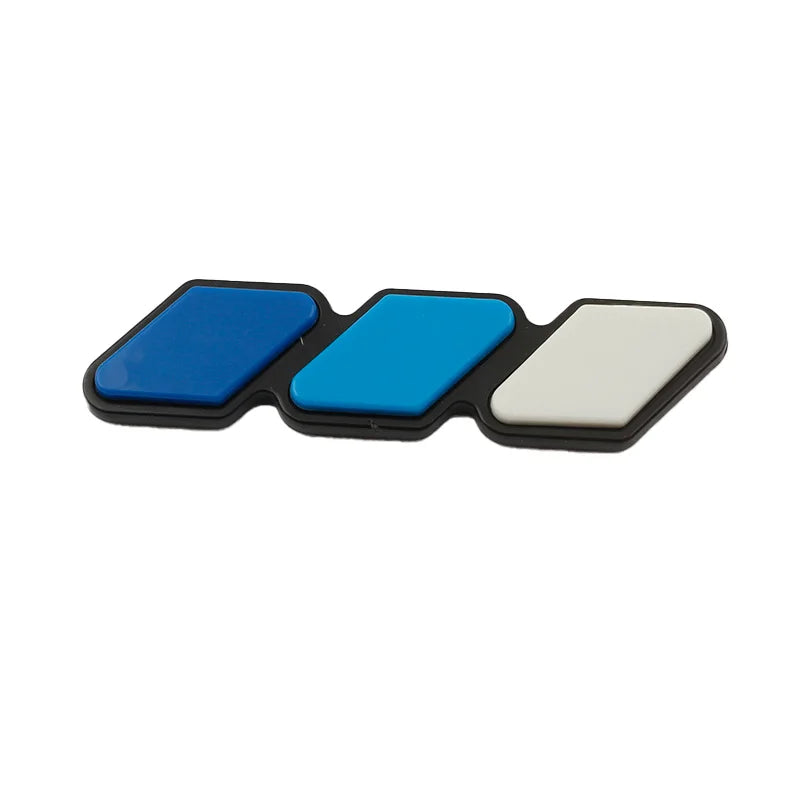 Three rectangular 3D car grill decals in blue, light blue, and white.