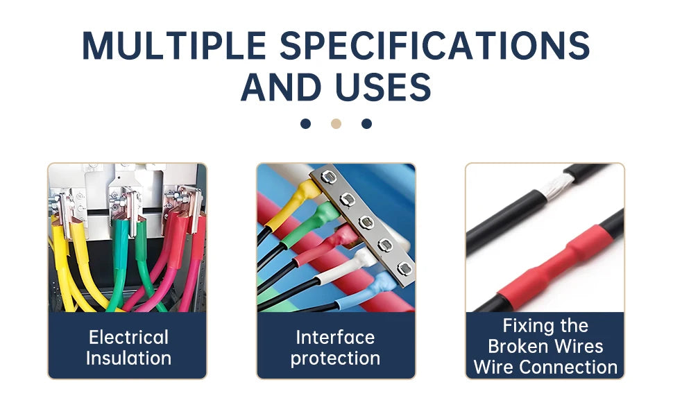 A set of heat shrink tubing kits demonstrating electrical insulation, interface protection, and fixing broken wire connection