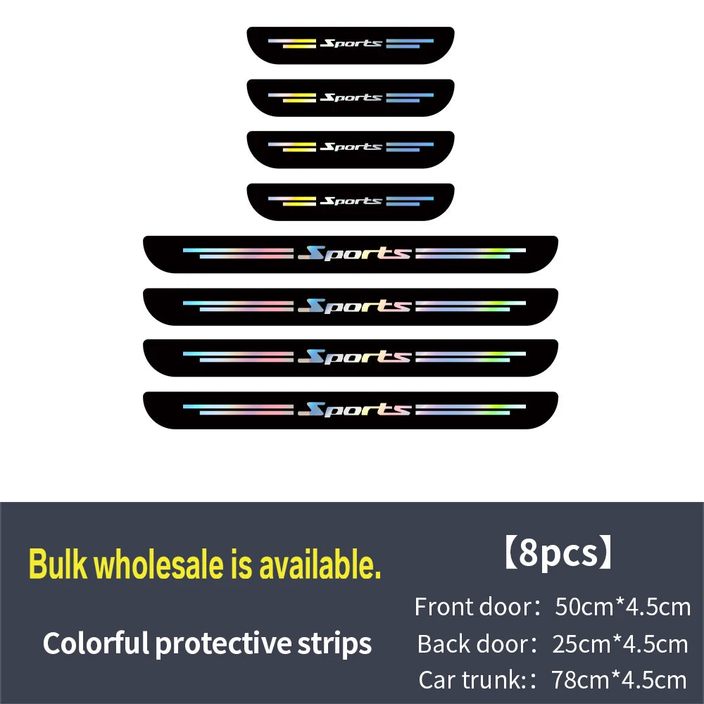 A set of eight colorful protective vinyl strips for car door sills.