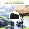 Black motorcycle cover with night reflective strips shown in various weather conditions like sun, rain, snow, and dust.