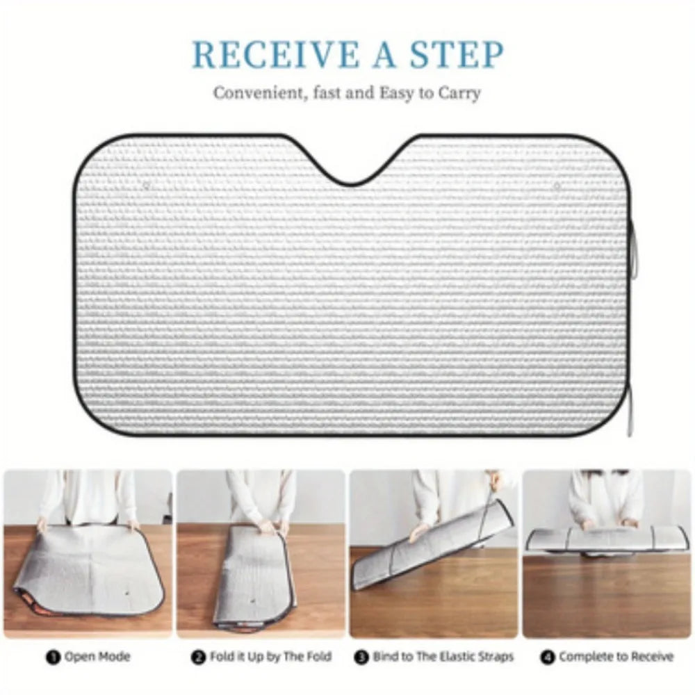 A foldable car windshield sun shade shown in four steps: open, fold, bind, and complete to receive.