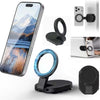 A magnetic phone holder stand featuring a smartphone mount, a ring holder, and a charging base.