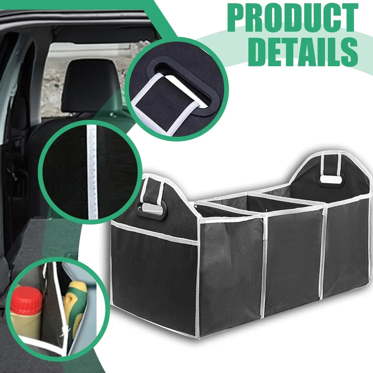Sac organisateur universel noir pour coffre de voiture avec plusieurs compartiments.