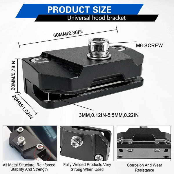 Black universal hood bracket with M6 screw and various sized mounting holes for LED work lights