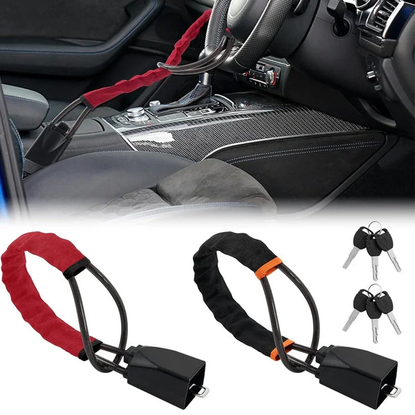 A universal car steering wheel lock with a seatbelt anti-theft device shown in various forms.