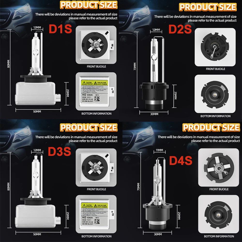 Diagrams showing the size and mounting details of D1S, D2S, D3S, and D4S universal xenon HID car headlights.