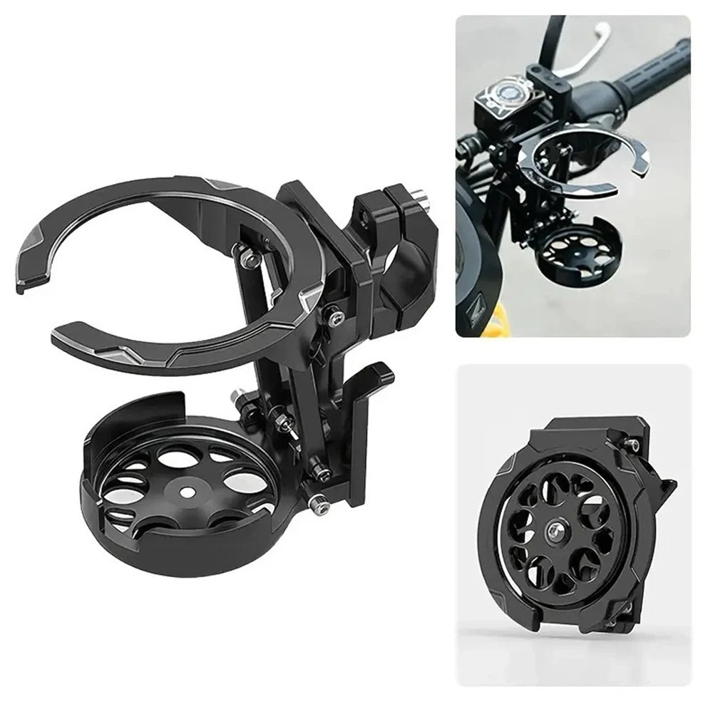 Support de bouteille pour moto noir à 360° réglable avec pince et plaque de montage.