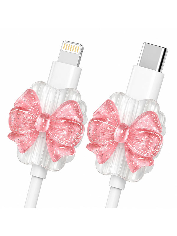 Pair of pink glitter bow cable protectors for lightning and type-c chargers