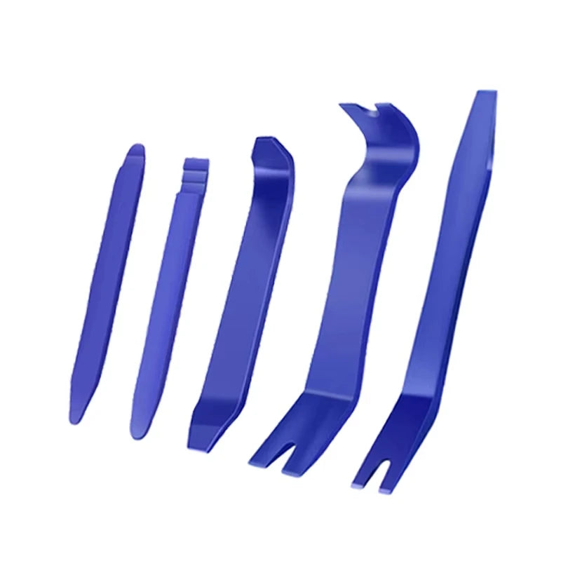 A set of five blue plastic tools for car trim removal.