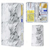A premium faux leather car document organizer featuring a marbled white and gray design with a clear plastic sleeve.