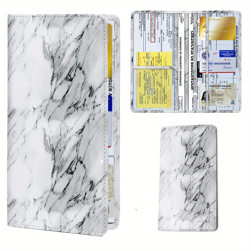 A premium faux leather car document organizer featuring a marbled white and gray design with a clear plastic sleeve.