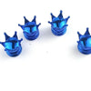 Trois caches de valve universels bleus brillants pour roues, présentés sur fond blanc.