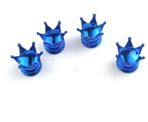 Trois caches de valve universels bleus brillants pour roues, présentés sur fond blanc.