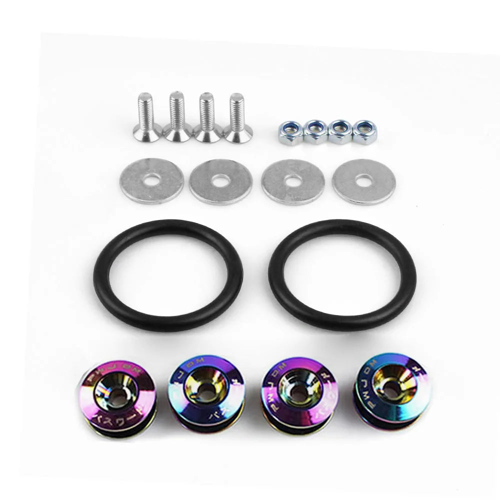 Set of aluminum quick release fasteners for bumpers, trunk, and hatch lids