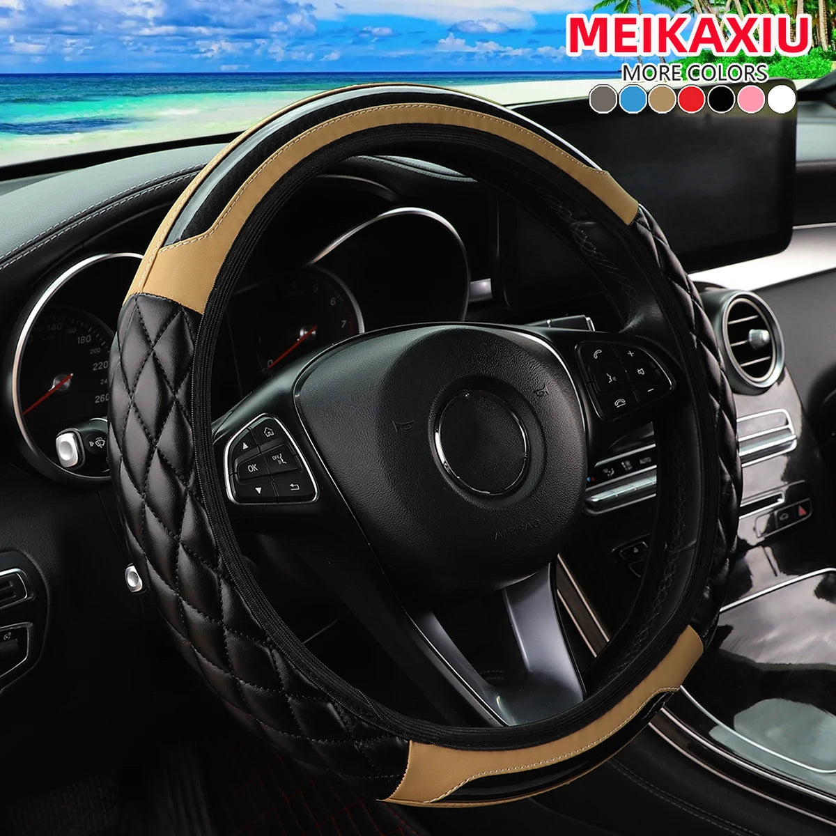 Crystal carbon fiber steering wheel cover in black and tan leather for a car interior