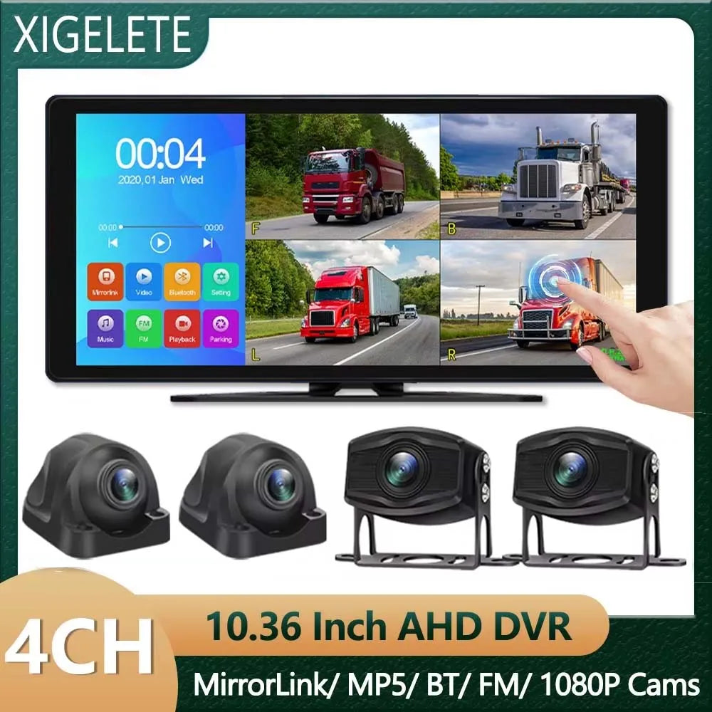 A 4-channel 1080P AHD DVR system featuring a monitor and multiple security cameras.