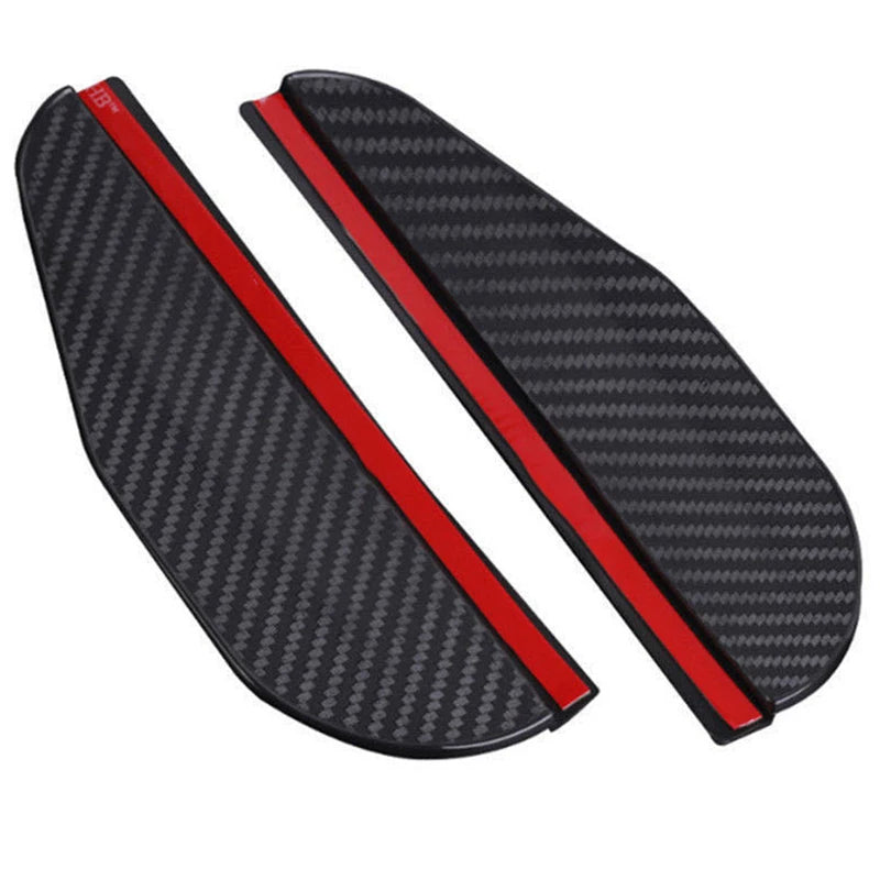A pair of black and red universal car rearview mirror rain and dust visors.