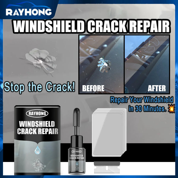 Rayhong windshield crack repair kit showing before and after results for quick windshield repair