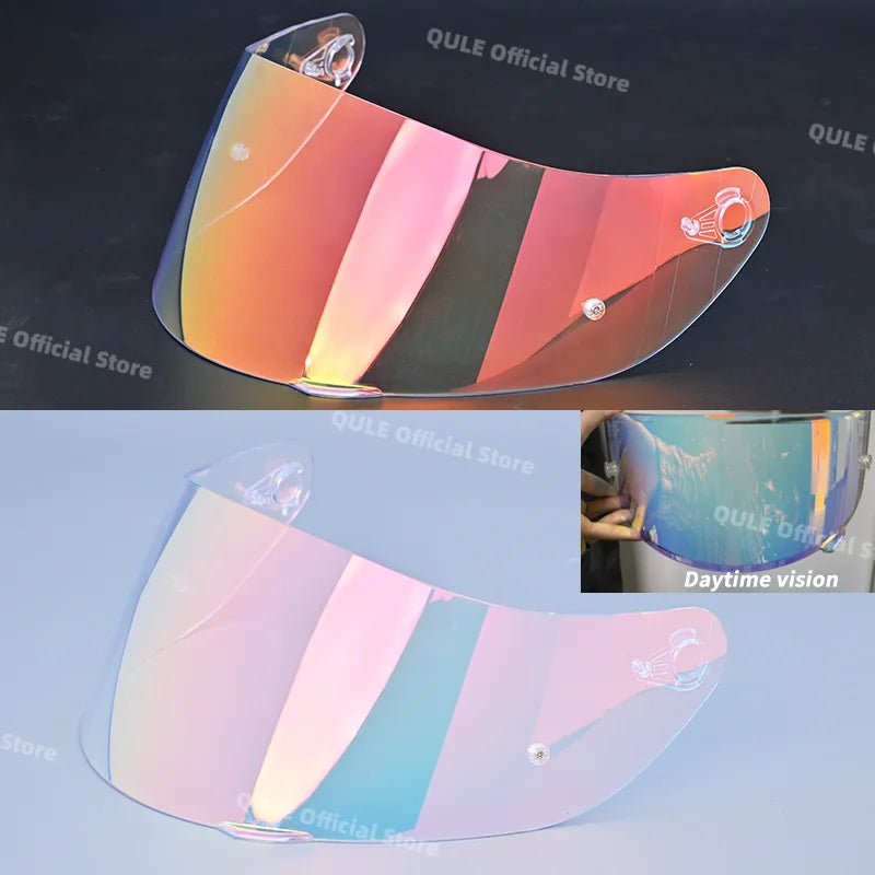 A motorcycle helmet visor featuring a gradient lens with pink, orange, and blue hues.