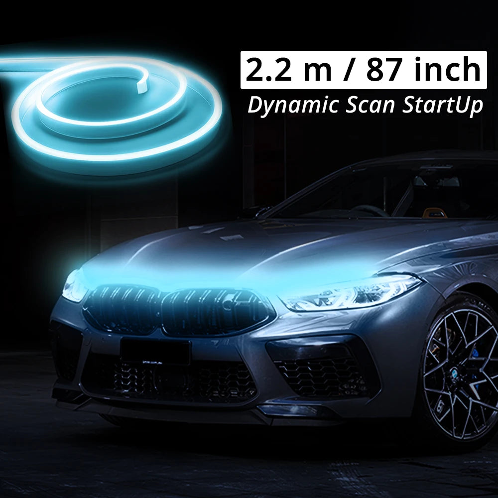 A close-up of a car's front grille and hood with a bright blue LED light strip illuminating the area.