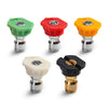 Four foam pressure washer nozzles in green, red, yellow, and black plastic with metal fittings.