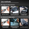 Instructions showing how to use a safety hammer and a safety cutter for breaking car glass.