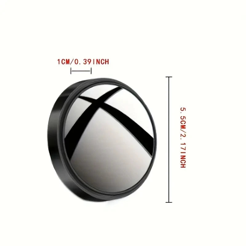 Round black blind spot mirror with a cross design, measuring 1cm or 0.39 inch.