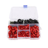 A clear plastic box containing various motorcycle fairing bolts and screws in red and black colors.