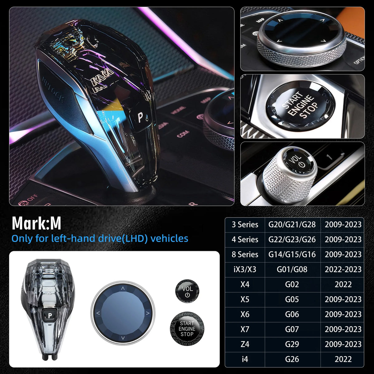 A set of crystal gear shift knobs and levers for left-hand drive vehicles including various series models