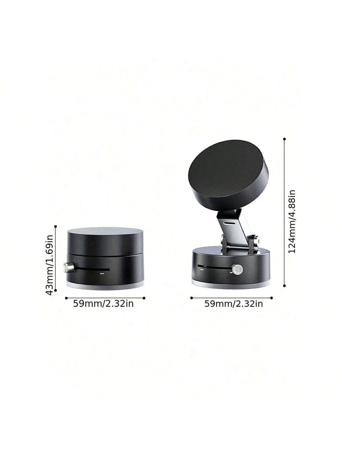 Support de téléphone magnétique noir pliable, vue de côté avec dimensions et hauteur.