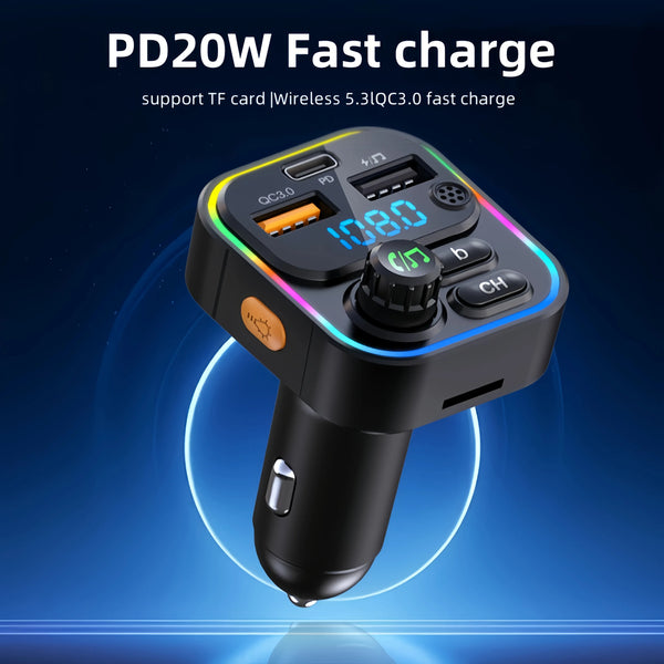 A black Bluetooth FM transmitter device with an LED display showing 1080 and various buttons.