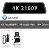Black 4K rearview mirror dash cam featuring a 4K front camera with built-in WiFi and a 1080P rear camera with a 10M cable.