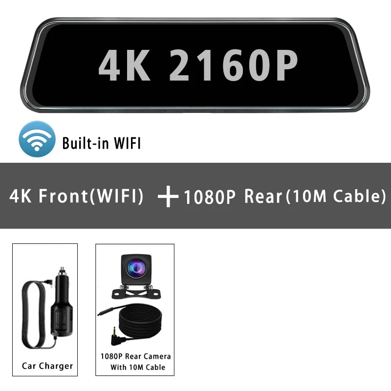 Black 4K rearview mirror dash cam featuring a 4K front camera with built-in WiFi and a 1080P rear camera with a 10M cable.