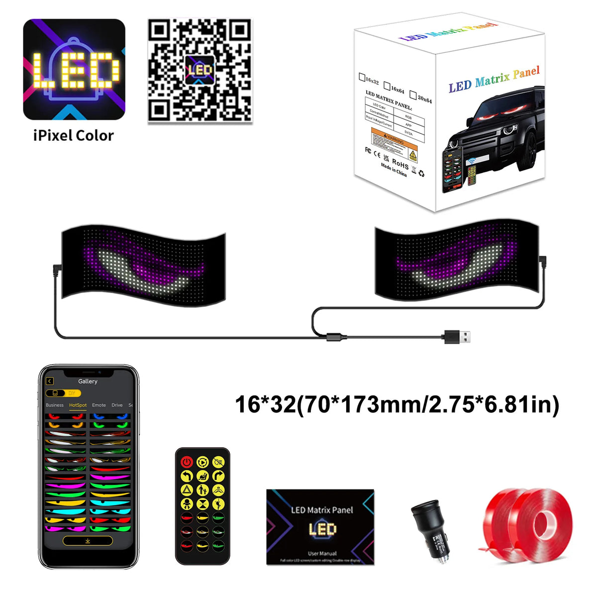 A set of LED matrix panels, a QR code, and an iPhone demonstrating the 2-in-1 LED Pixel Panel Light with App Control.