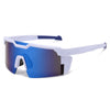 Lunettes de sport cyclisme bleu teintées avec montures blanches, sur fond blanc.
