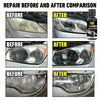 Before and after comparison showing the restoration of a car headlight using a headlight polishing spray.