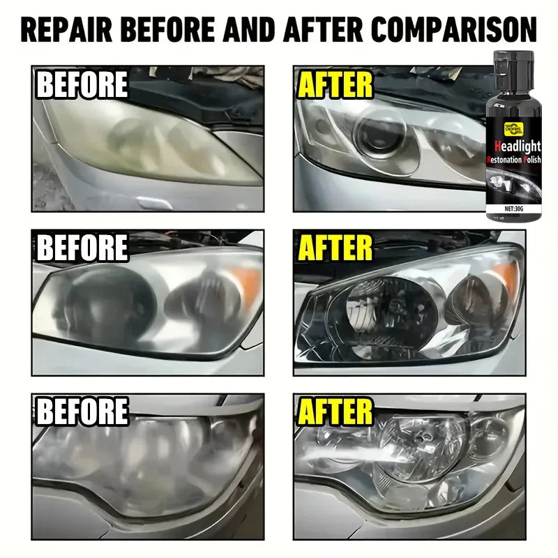 Before and after comparison showing the restoration of a car headlight using a headlight polishing spray.