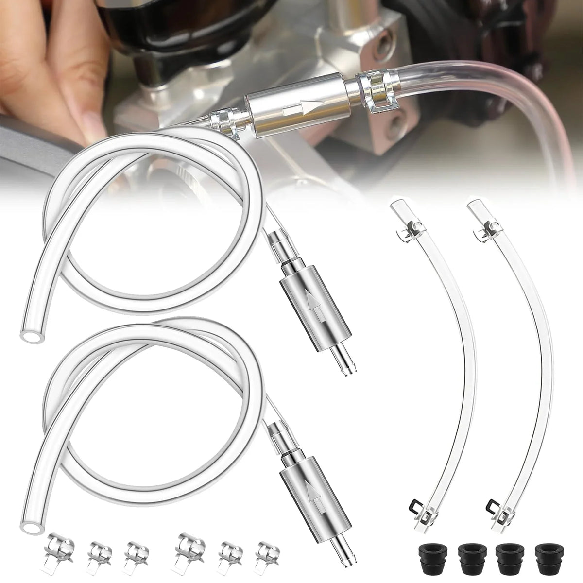 A set of universal brake fluid bleeder hoses and fittings for automotive use.