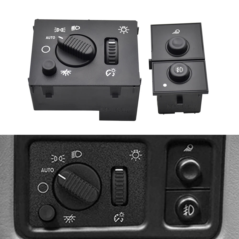 Aftermarket fog light switch for GMC/Chevy trucks showing the main unit and a separate control module.