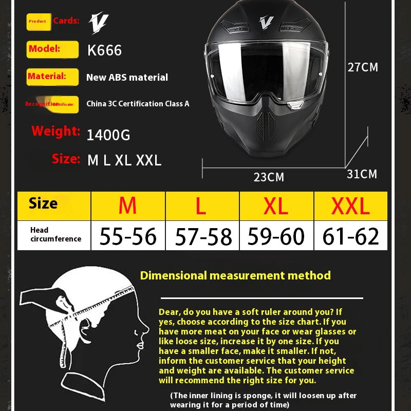 Casco de motocicleta negro de cara completa con visera y varias opciones de talla