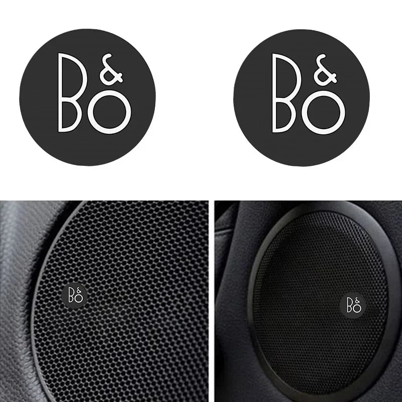Two black circular emblems featuring the B&O logo, shown alongside close-ups of the emblems on car audio speakers.