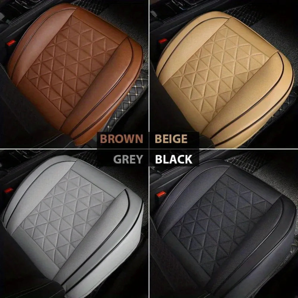 A set of universal car front seat covers in brown, beige, grey, and black showing a diamond quilted pattern.