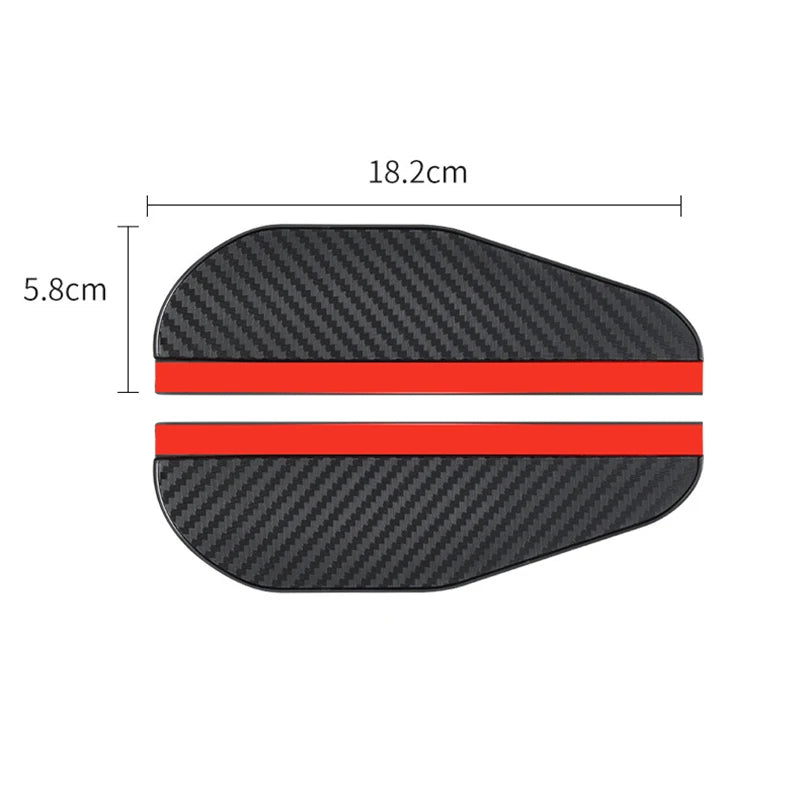 Black carbon fiber rearview mirror rain shield with red accents.