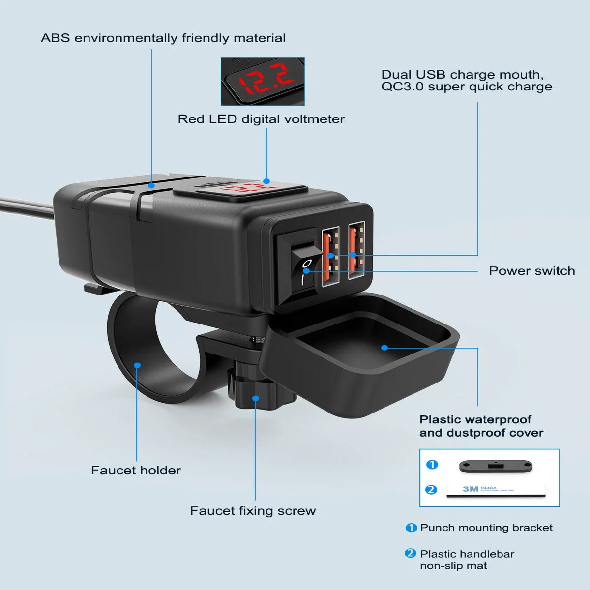 محول شاحن USB لدراجة نارية أسود QC3.0 مع مقياس جهد LED أحمر ومفتاح طاقة وحامل صنبور.