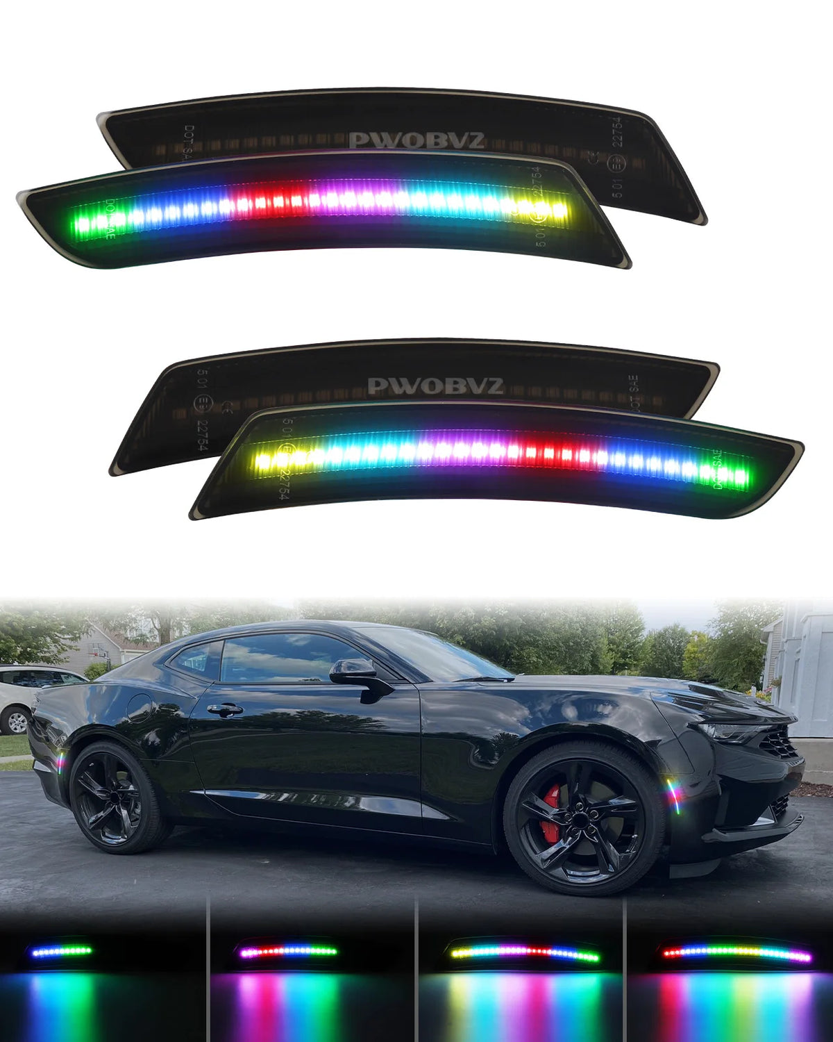 A set of LED turn signal lights for a car, shown in various colors and mounted on a black housing.