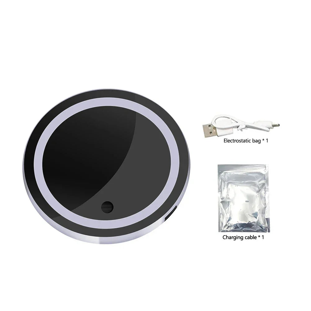 Black and silver LED car cup holder coasters with a charging cable and storage bag