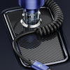 A blue USB-A car charger with a coiled cable is shown resting on a black textured surface.