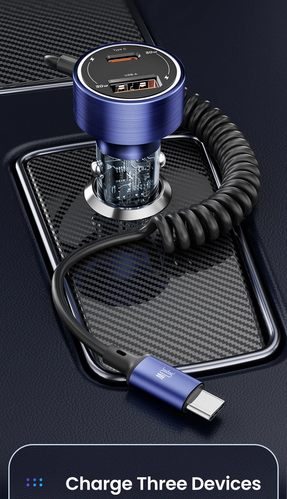 A blue USB-A car charger with a coiled cable is shown resting on a black textured surface.